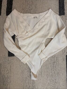 Free People Cream Wrap V-Neck Bodysuit Sweater